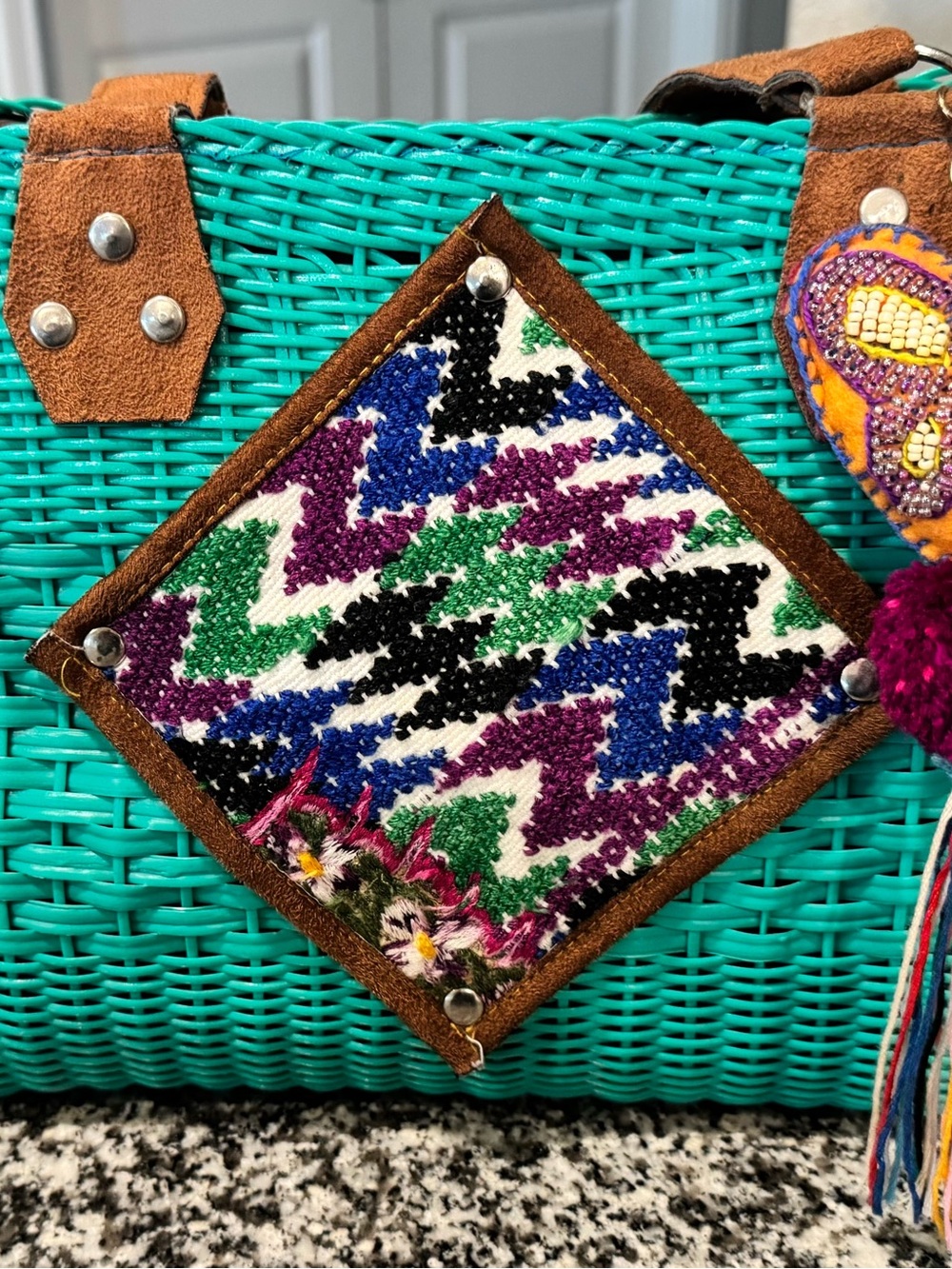 Woven Turquoise Shoulder Bag with Multicolor Embroidered Patch
